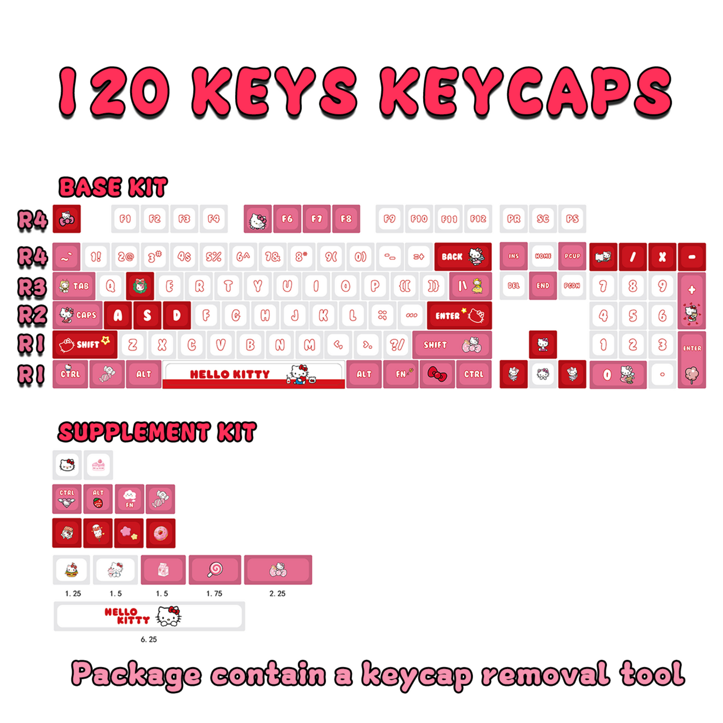 Sanrio Hello Kittty Pink and Red Keycaps for XDA MX Switches